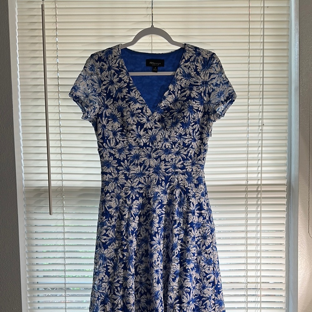 Blue and White Floral Midi Dress
